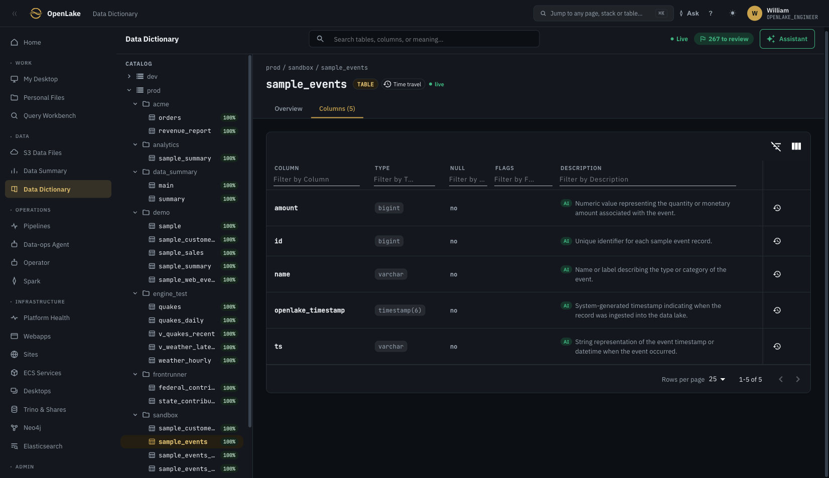 The OpenLake Data Dictionary: a catalog explorer with AI-drafted table documentation, PII tracking, and live Trino metadata